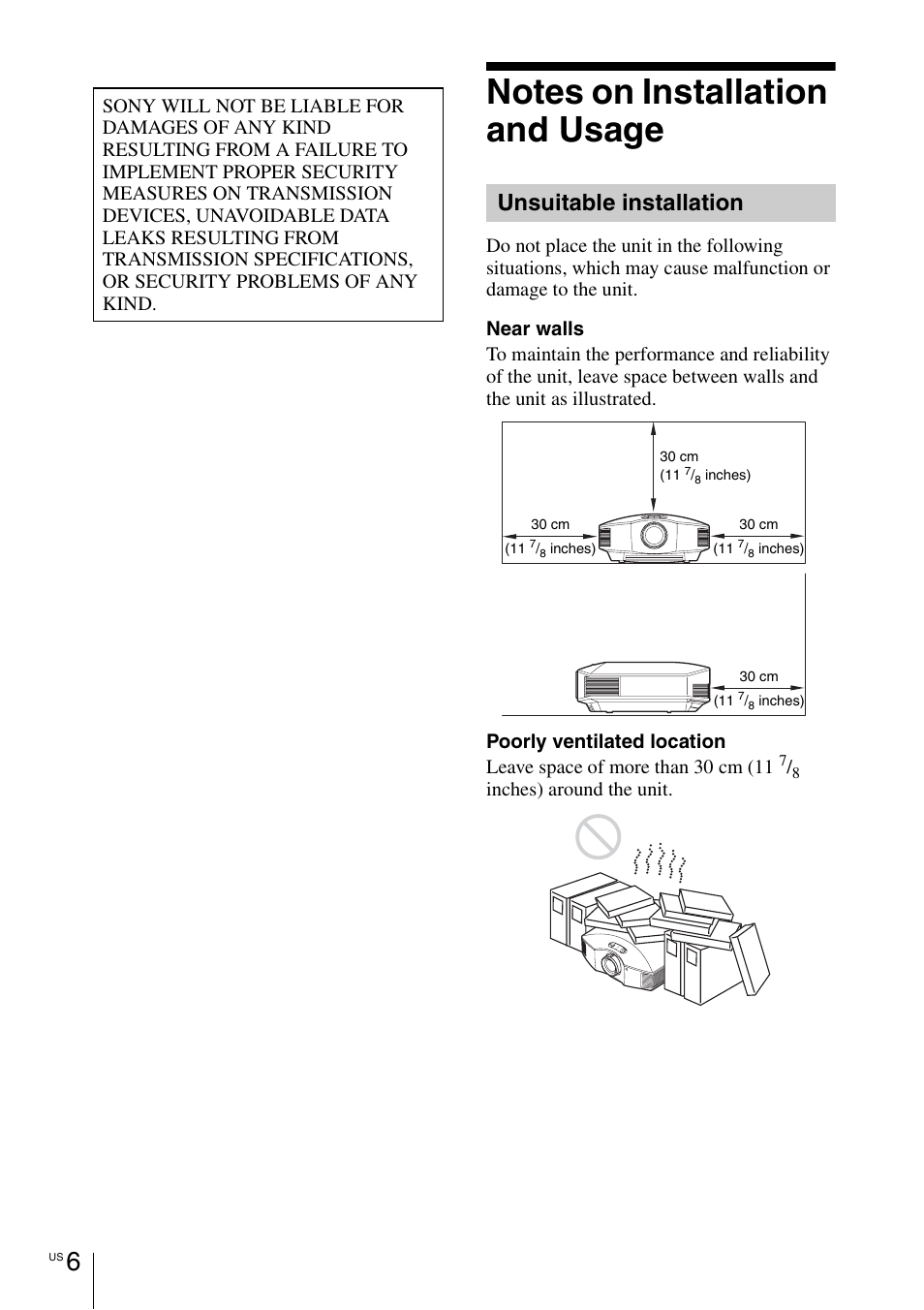 Unsuitable installation | Sony VPL-HW55ES User Manual | Page 6 / 134