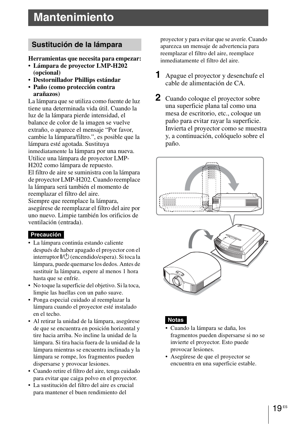 Mantenimiento, Sustitución de la lámpara | Sony VPL-HW55ES User Manual | Page 63 / 134