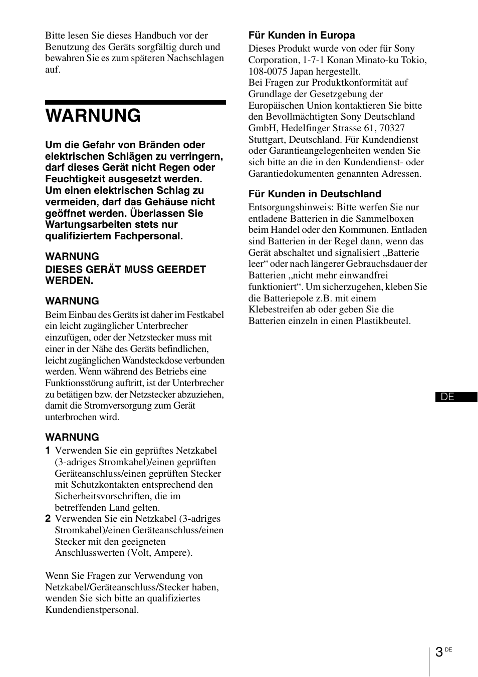 Warnung | Sony VPL-HW55ES User Manual | Page 69 / 134