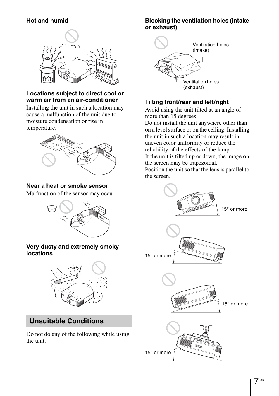 Unsuitable conditions | Sony VPL-HW55ES User Manual | Page 7 / 134