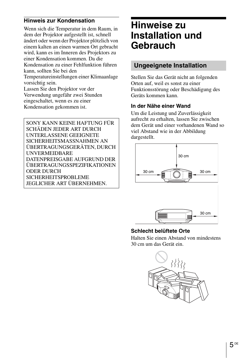 Hinweise zu installation und gebrauch, Ungeeignete installation | Sony VPL-HW55ES User Manual | Page 71 / 134