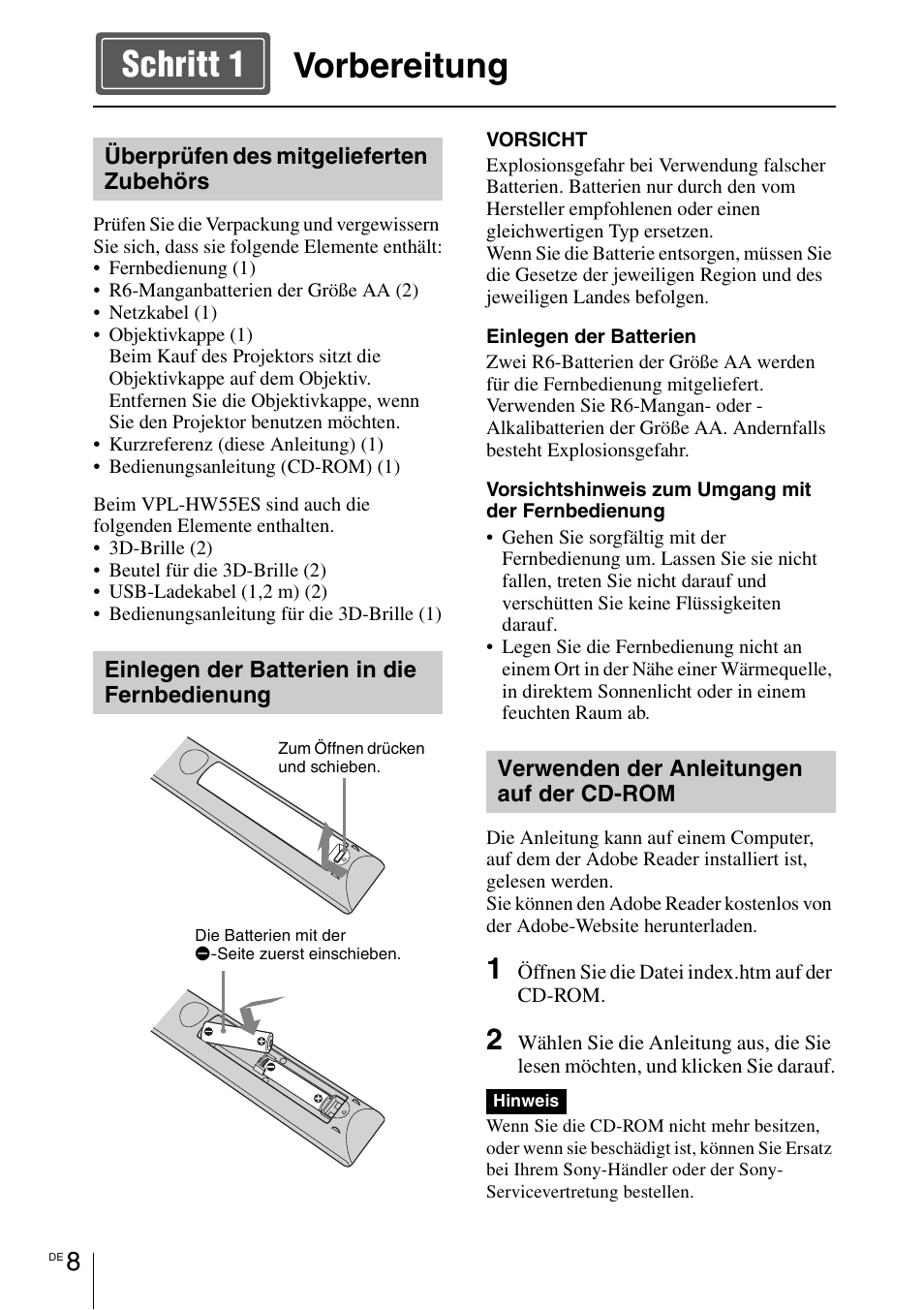 Vorbereitung, Seite 8, Vorbereitung schritt 1 | Sony VPL-HW55ES User Manual | Page 74 / 134