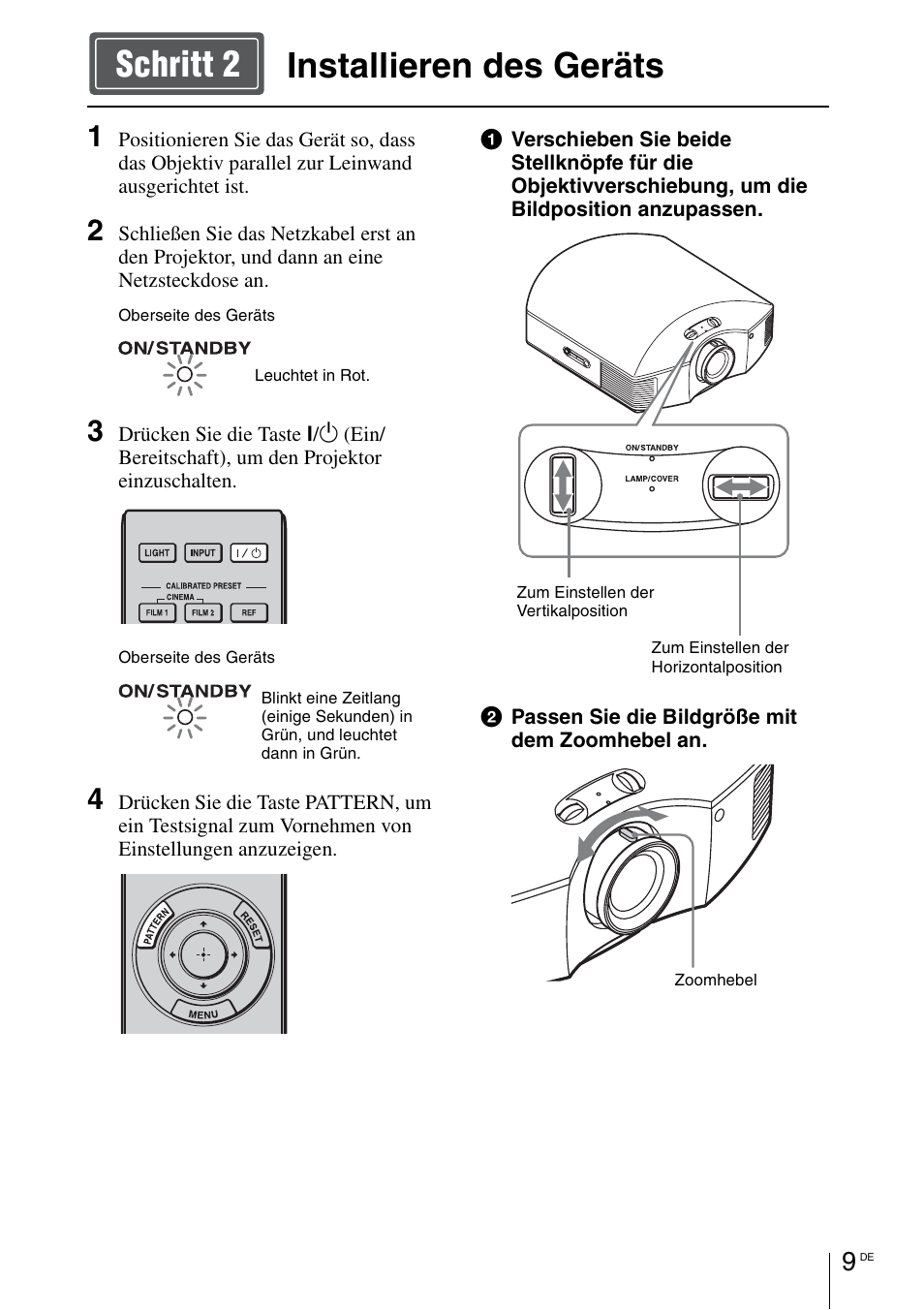 Installieren des geräts, Seite 9, Installieren des geräts schritt 2 | Sony VPL-HW55ES User Manual | Page 75 / 134