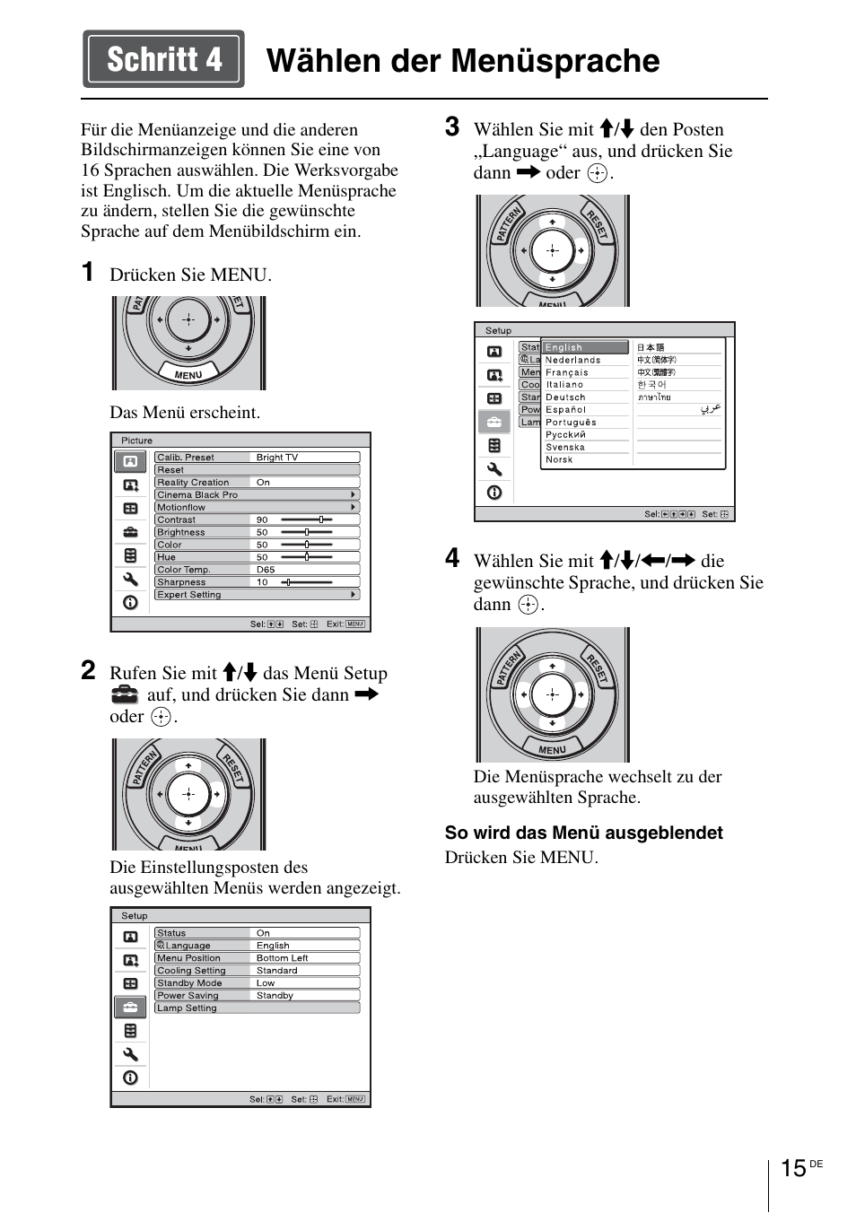 Wählen der menüsprache, Seite 15, Wählen der menüsprache schritt 4 | Sony VPL-HW55ES User Manual | Page 81 / 134