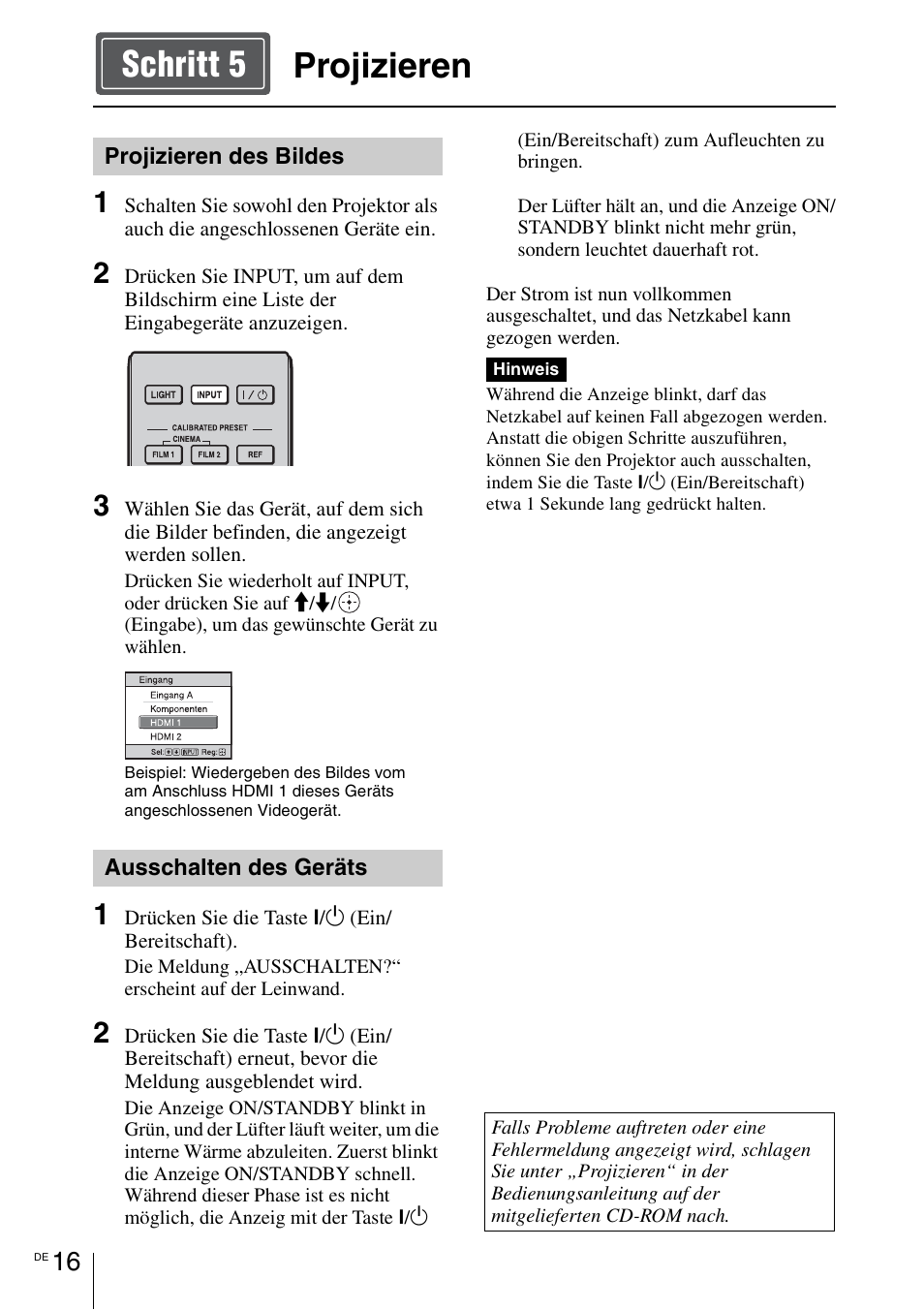 Projizieren, Seite 16, Projizieren schritt 5 | Sony VPL-HW55ES User Manual | Page 82 / 134