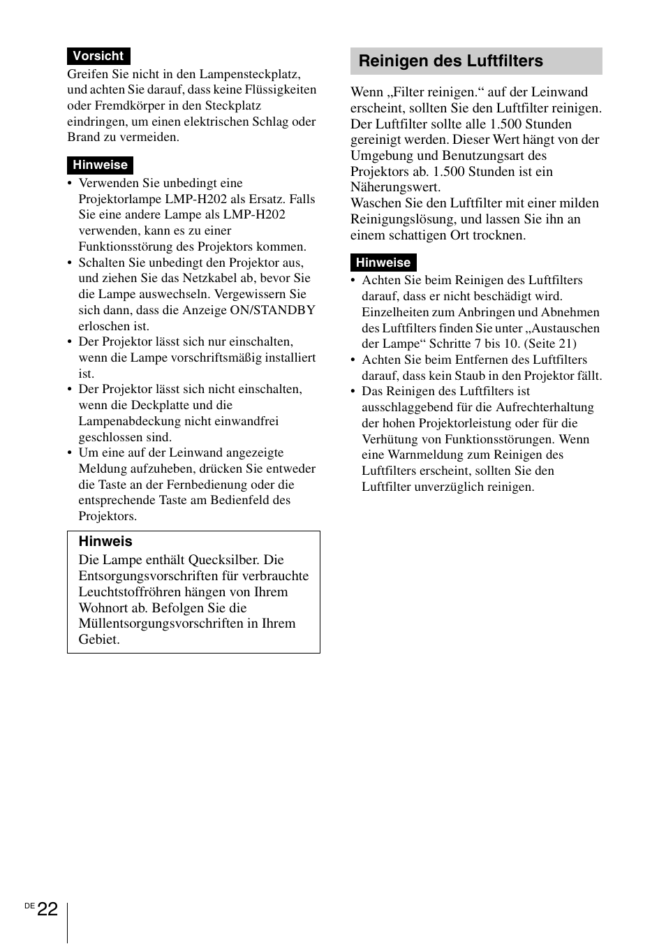 Reinigen des luftfilters, Seite 22 | Sony VPL-HW55ES User Manual | Page 88 / 134