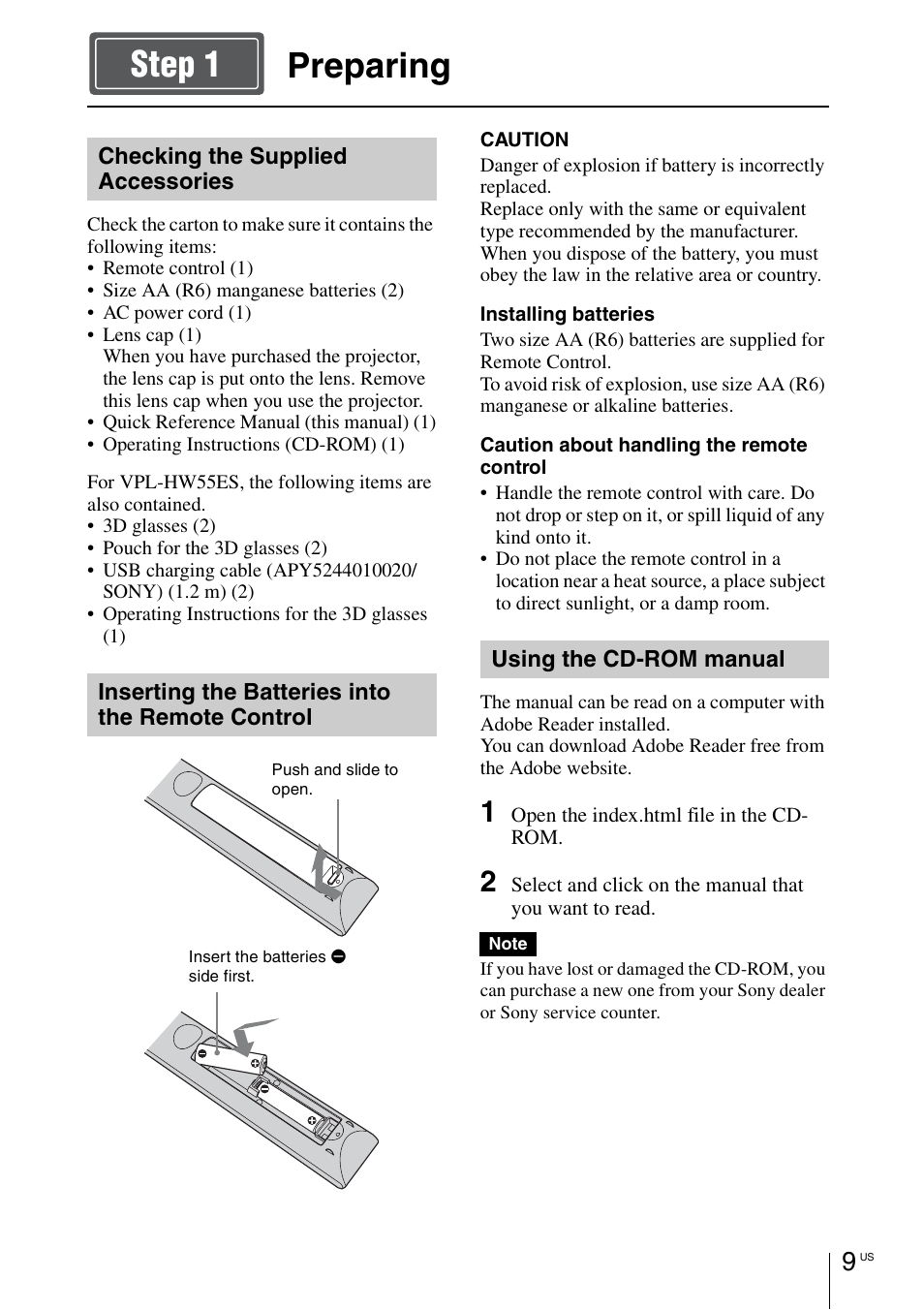 Preparing, Preparing step 1 | Sony VPL-HW55ES User Manual | Page 9 / 134