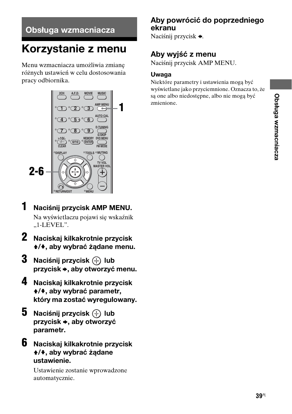Obs¸uga wzmacniacza, Korzystanie z menu, Obsługa wzmacniacza | Aby powrócić do poprzedniego ekranu, Aby wyjść z menu | Sony STR-DG710 User Manual | Page 119 / 168