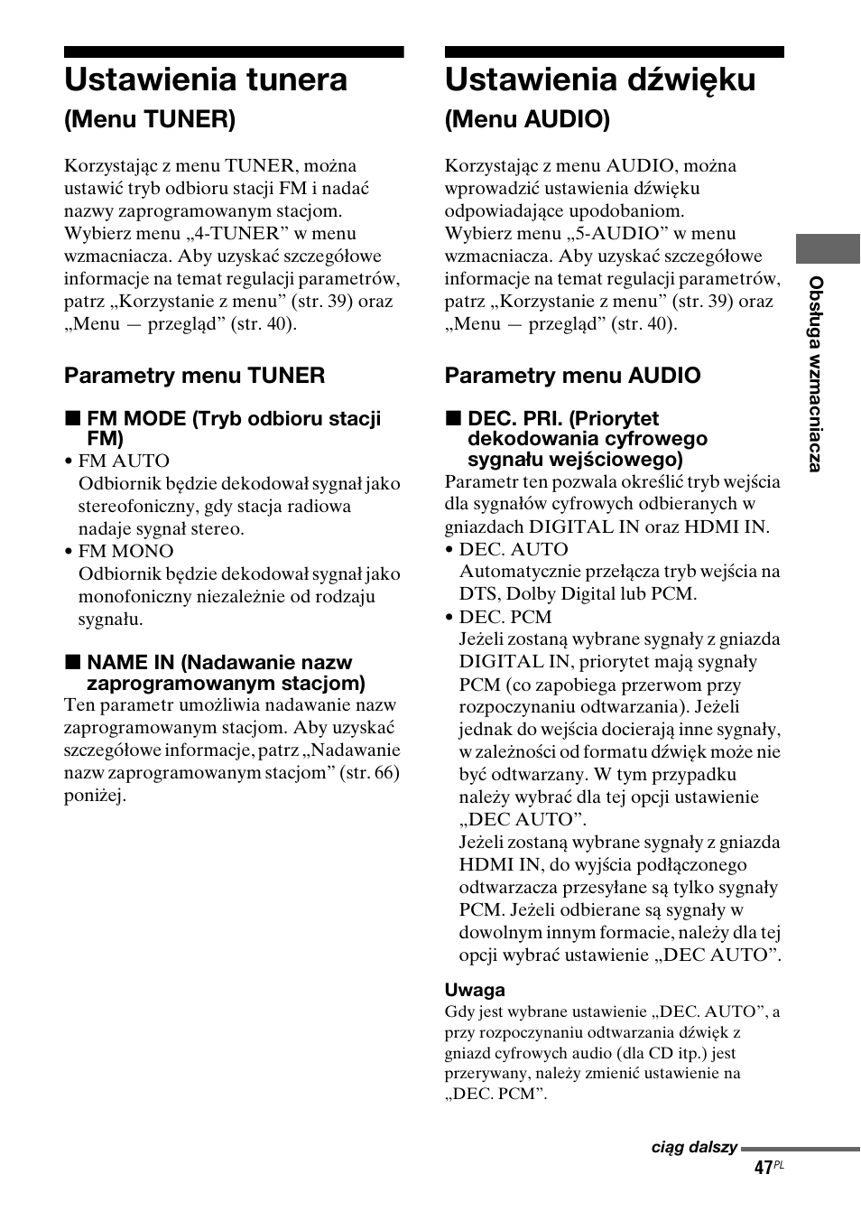 Ustawienia tunera (menu tuner), Ustawienia dÿwiêku (menu audio), Ustawienia tunera | Ustawienia dźwięku, Menu tuner), Menu audio) | Sony STR-DG710 User Manual | Page 127 / 168