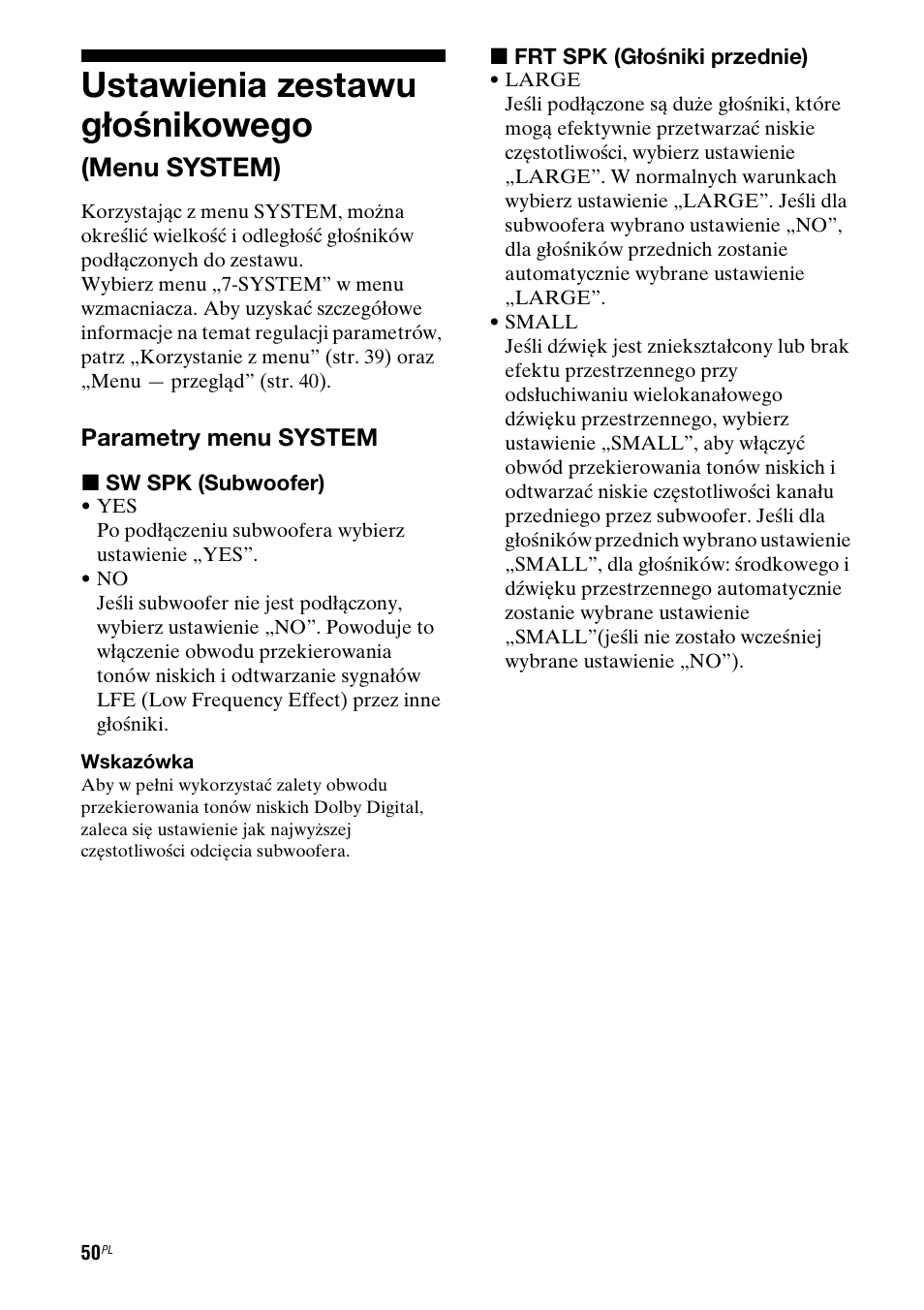 Ustawienia zestawu g¸oœnikowego (menu system), Ustawienia zestawu głośnikowego, Menu system) | Sony STR-DG710 User Manual | Page 130 / 168