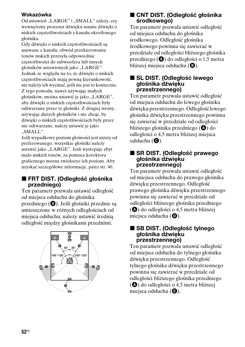 X frt dist. (odległość głośnika przedniego), X cnt dist. (odległość głośnika środkowego) | Sony STR-DG710 User Manual | Page 132 / 168