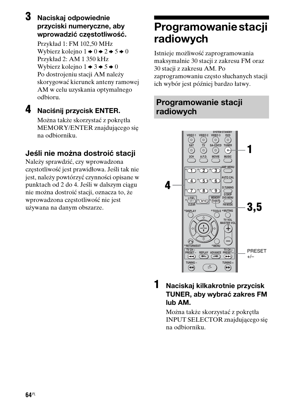 Programowanie stacji radiowych, Jeśli nie można dostroić stacji, Naciśnij przycisk enter | Sony STR-DG710 User Manual | Page 144 / 168