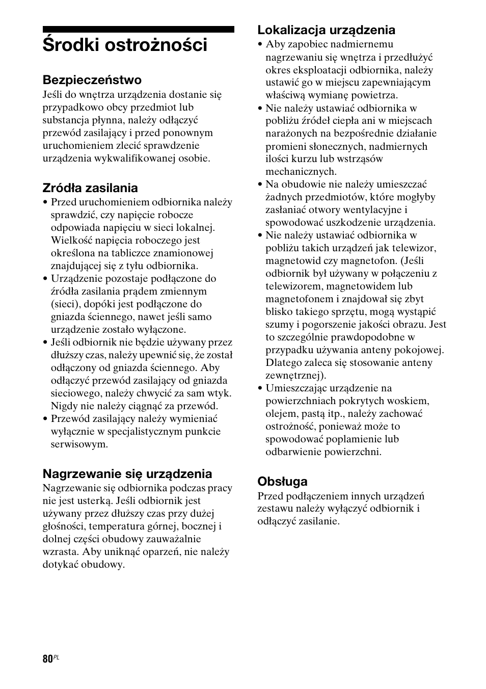 Œrodki ostro¿noœci, Środki ostrożności | Sony STR-DG710 User Manual | Page 160 / 168