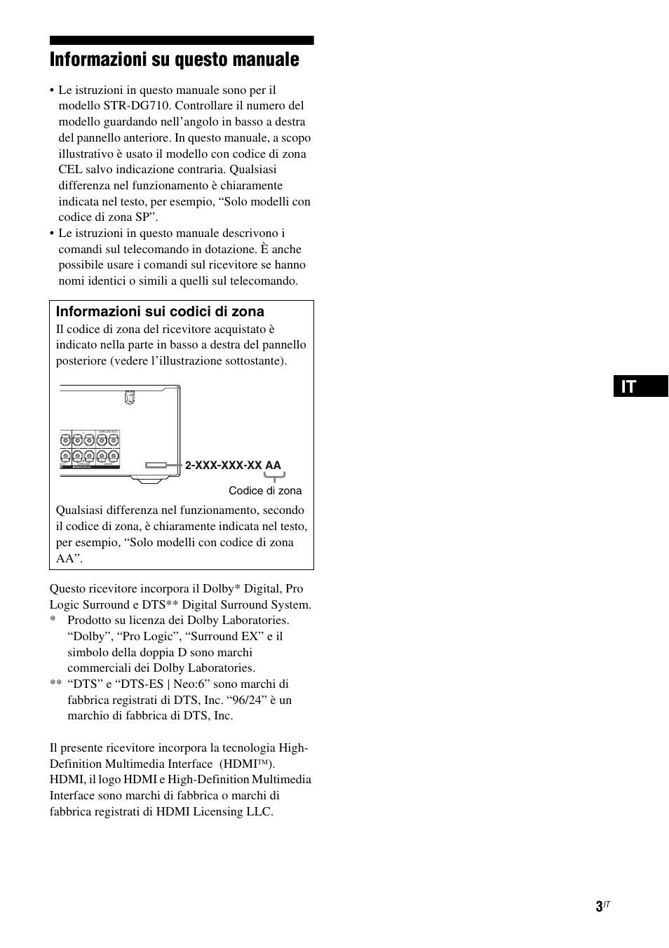 Informazioni su questo manuale, Informazioni sui codici di zona | Sony STR-DG710 User Manual | Page 3 / 168