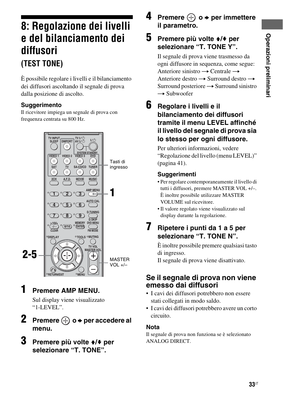 Regolazione dei livelli e del bilanciamento, Dei diffusori (test tone), E 33 | Test tone), Premere amp menu, Premere o b per accedere al menu, Premere più volte v / v per selezionare “t. tone, Premere o b per immettere il parametro, Premere più volte v / v per selezionare “t. tone y | Sony STR-DG710 User Manual | Page 33 / 168