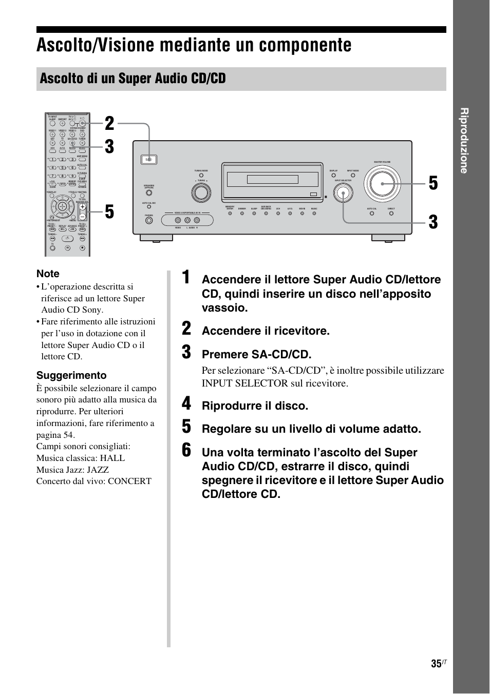 Ascolto/visione mediante un componente, Ascolto di un super audio cd/cd, Accendere il ricevitore | Premere sa-cd/cd, Riprodurre il disco, Regolare su un livello di volume adatto, Ripr odu zio n e, Suggerimento | Sony STR-DG710 User Manual | Page 35 / 168