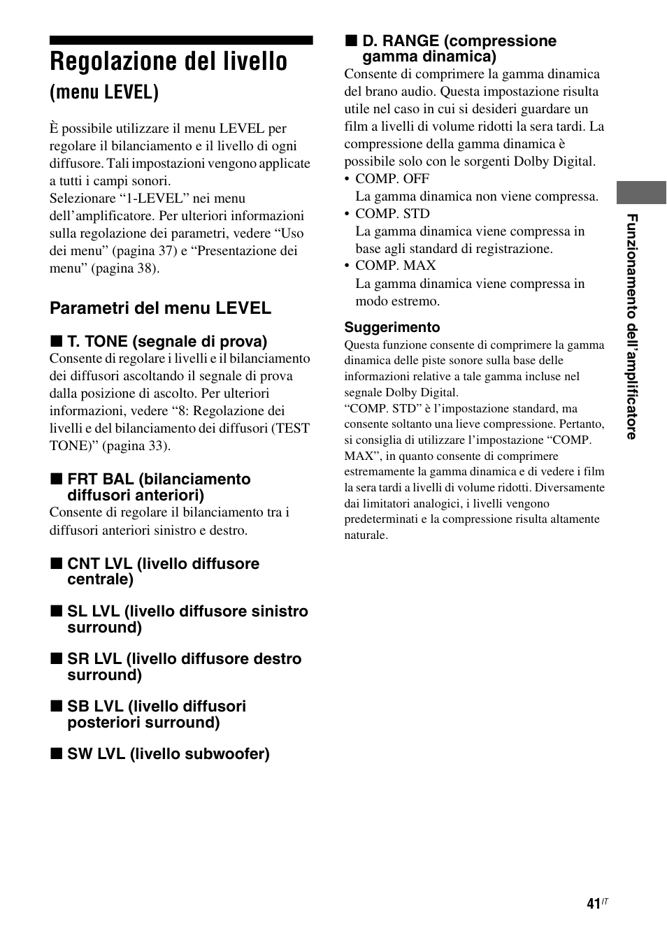 Regolazione del livello (menu level), Regolazione del livello, Menu level) | Sony STR-DG710 User Manual | Page 41 / 168