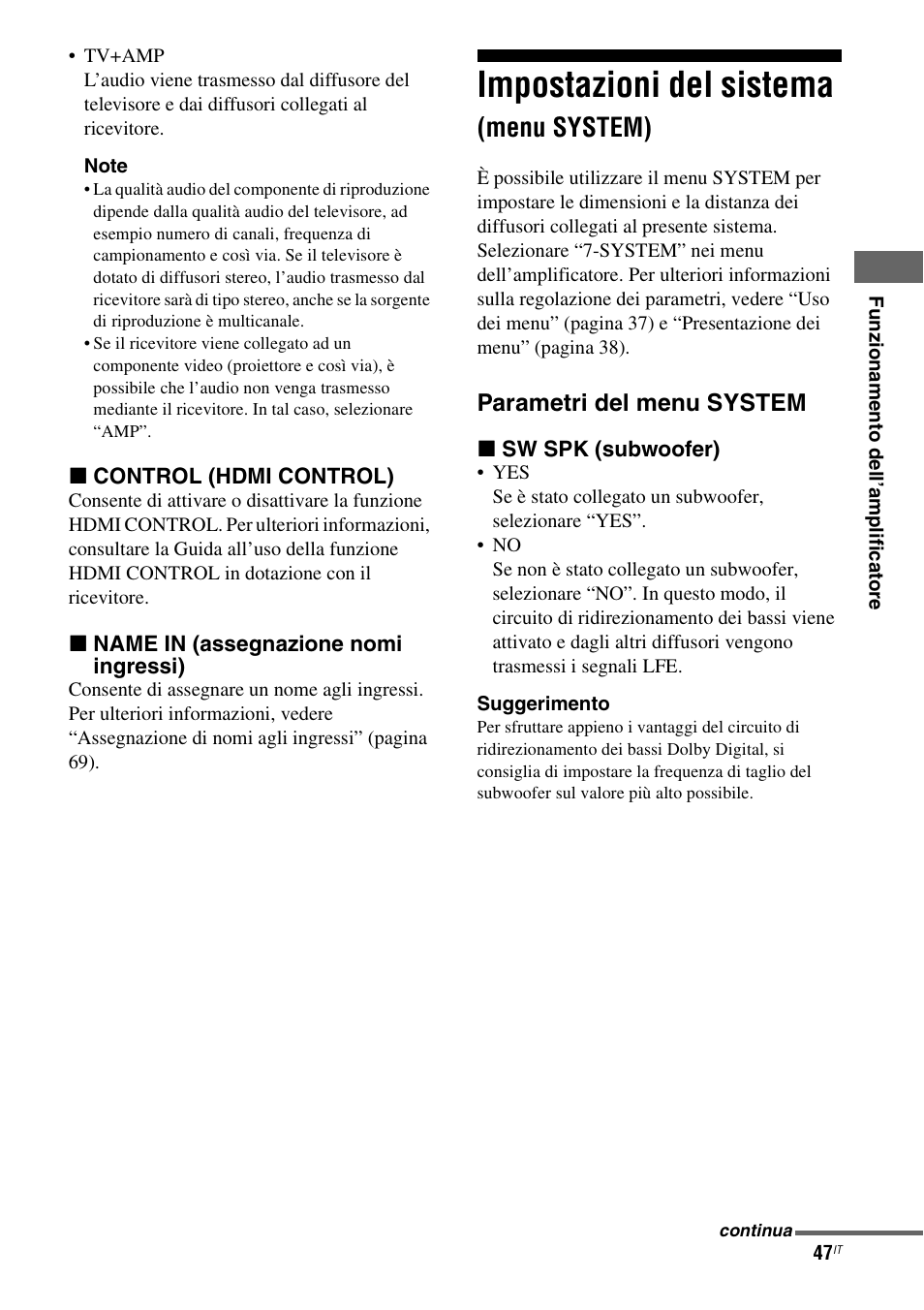 Impostazioni del sistema (menu system), Impostazioni del sistema, Menu system) | Parametri del menu system | Sony STR-DG710 User Manual | Page 47 / 168