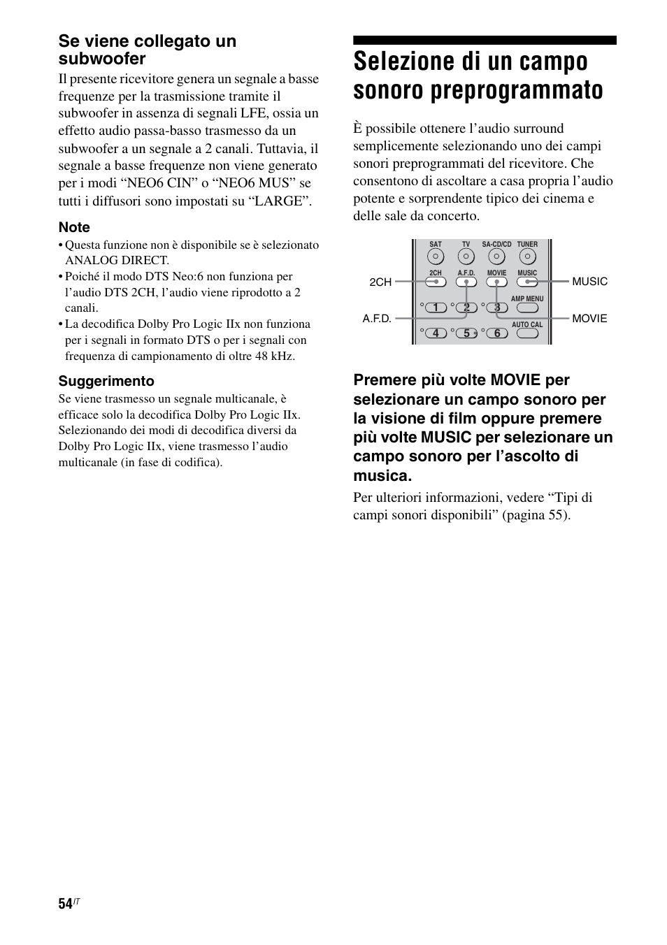 Selezione di un campo sonoro preprogrammato, Selezione di un campo sonoro, Preprogrammato | Se viene collegato un subwoofer, Suggerimento | Sony STR-DG710 User Manual | Page 54 / 168
