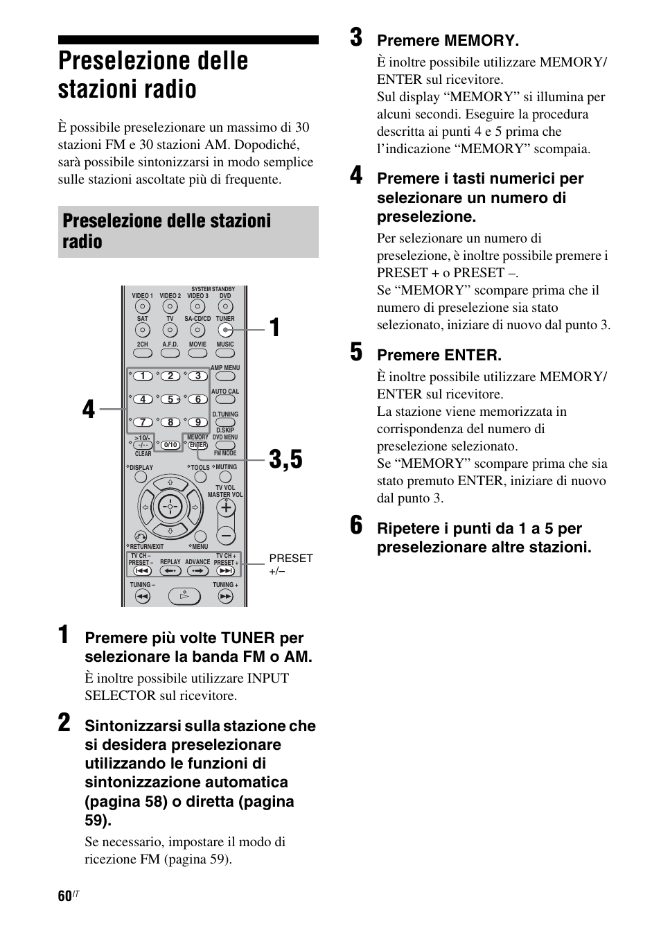 Preselezione delle stazioni radio, Premere enter | Sony STR-DG710 User Manual | Page 60 / 168