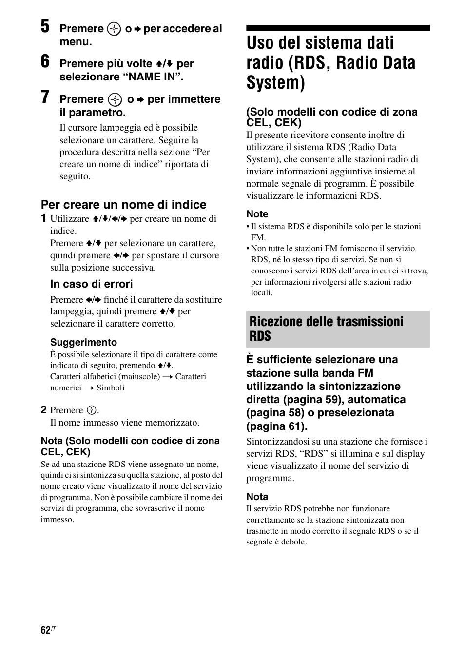 Uso del sistema dati radio, Ricezione delle trasmissioni rds | Sony STR-DG710 User Manual | Page 62 / 168