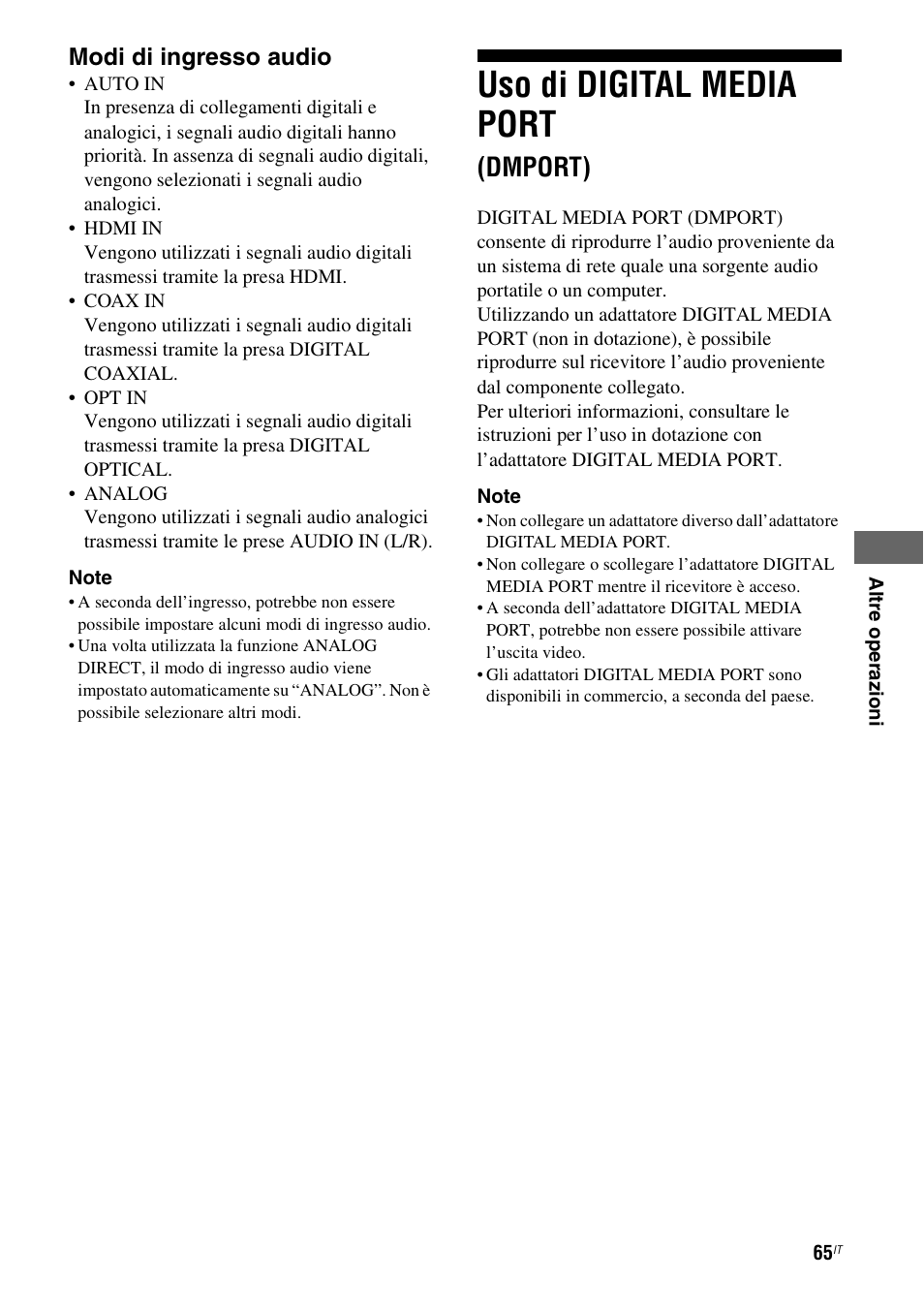 Uso di digital media port (dmport), Uso di digital media port, Dmport) | Modi di ingresso audio | Sony STR-DG710 User Manual | Page 65 / 168