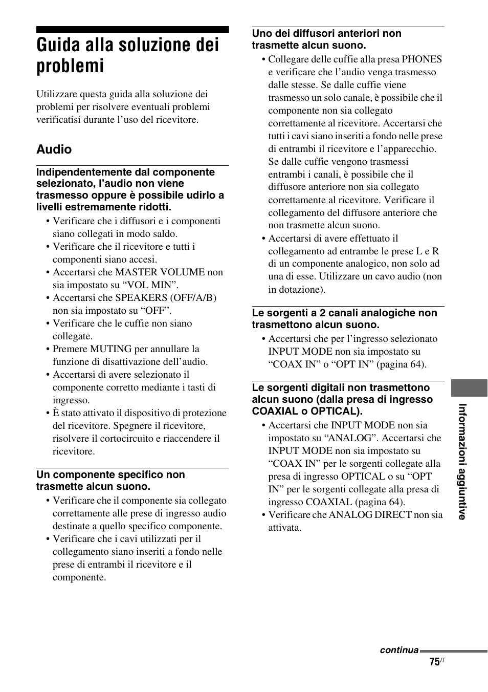 Guida alla soluzione dei problemi, Audio | Sony STR-DG710 User Manual | Page 75 / 168