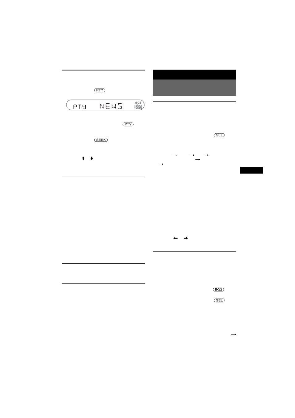 Sélection du type d’émission (pty), Réglage ct, Autres fonctions | Modification des réglages du son, Réglage des caractéristiques du son - bal/fad/sub, Réglage de la courbe d’égaliseur - eq3, Sélection du type d’émission (pty) réglage ct, Réglage des caractéristiques du son, Bal/fad/sub réglage de la courbe d’égaliseur, Sélection du type d’émission (pty) 1 | Sony CDX-S2050V User Manual | Page 39 / 80