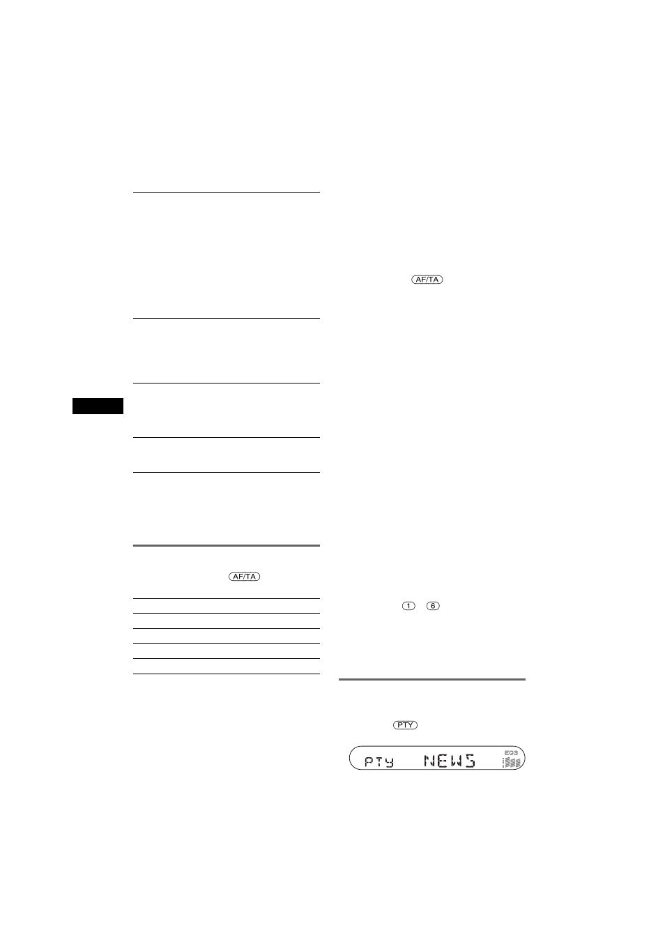 Impostazione di af e ta/tp, Selezione del tipo di programma (pty), Impostazione di af e ta/tp 1 | Selezione del tipo di programma (pty) 1 | Sony CDX-S2050V User Manual | Page 54 / 80