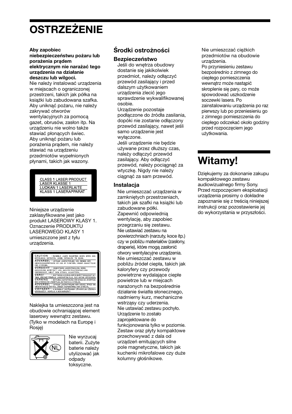 Ostrzeżenie, Witamy | Sony DAV-C700 User Manual | Page 414 / 496