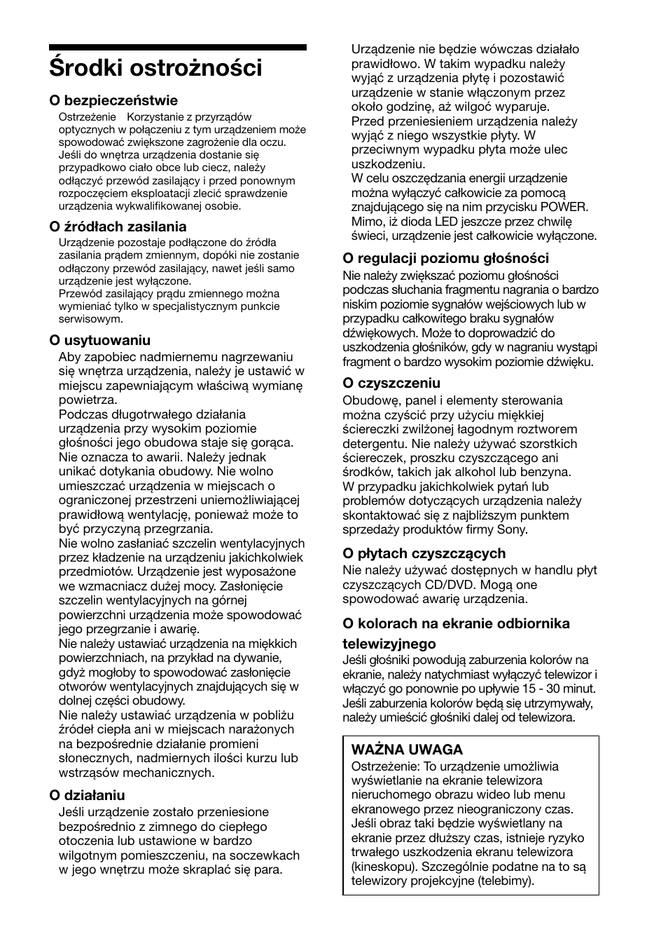 Środki ostrożności | Sony DAV-C700 User Manual | Page 415 / 496