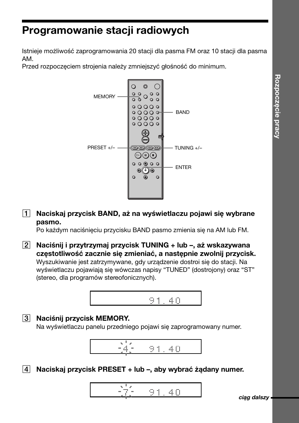 Programowanie stacji radiowych, Rozpoczęcie pracy, Ciąg dalszy | Sony DAV-C700 User Manual | Page 441 / 496