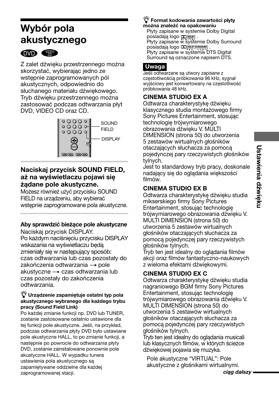 Wybór pola akustycznego, Ustawienia dźwięku | Sony DAV-C700 User Manual | Page 461 / 496