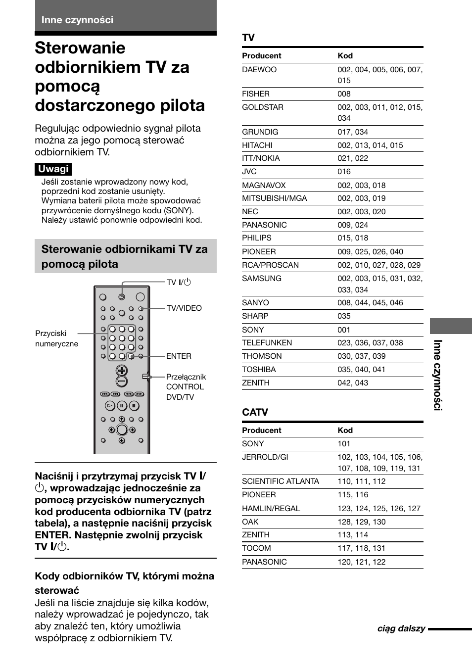 Inne czynności, Sterowanie odbiornikami tv za pomocą pilota, Catv | Sony DAV-C700 User Manual | Page 473 / 496