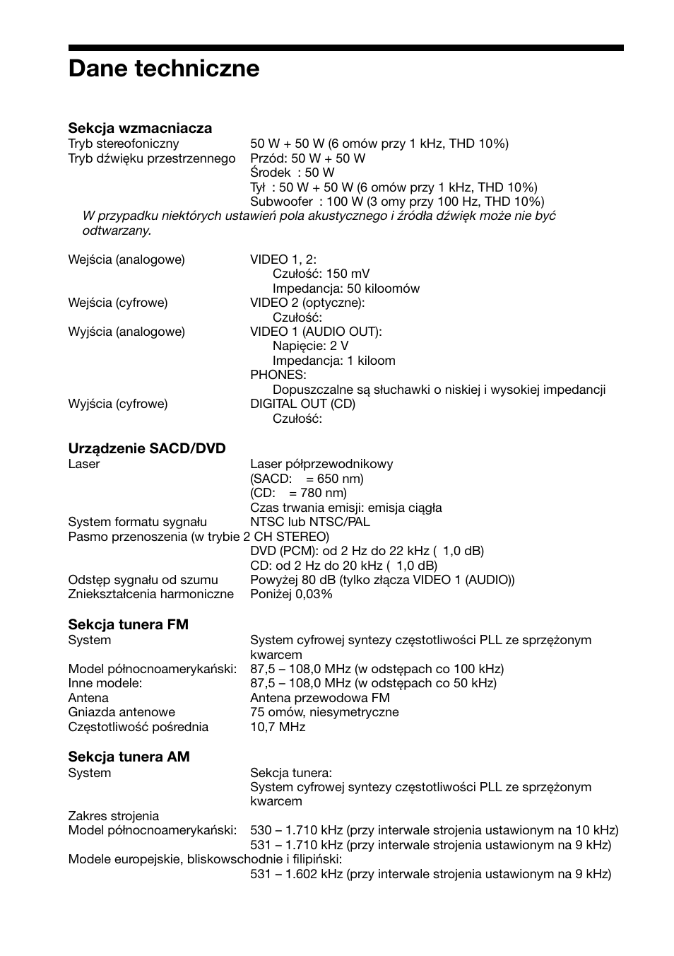 Dane techniczne | Sony DAV-C700 User Manual | Page 492 / 496