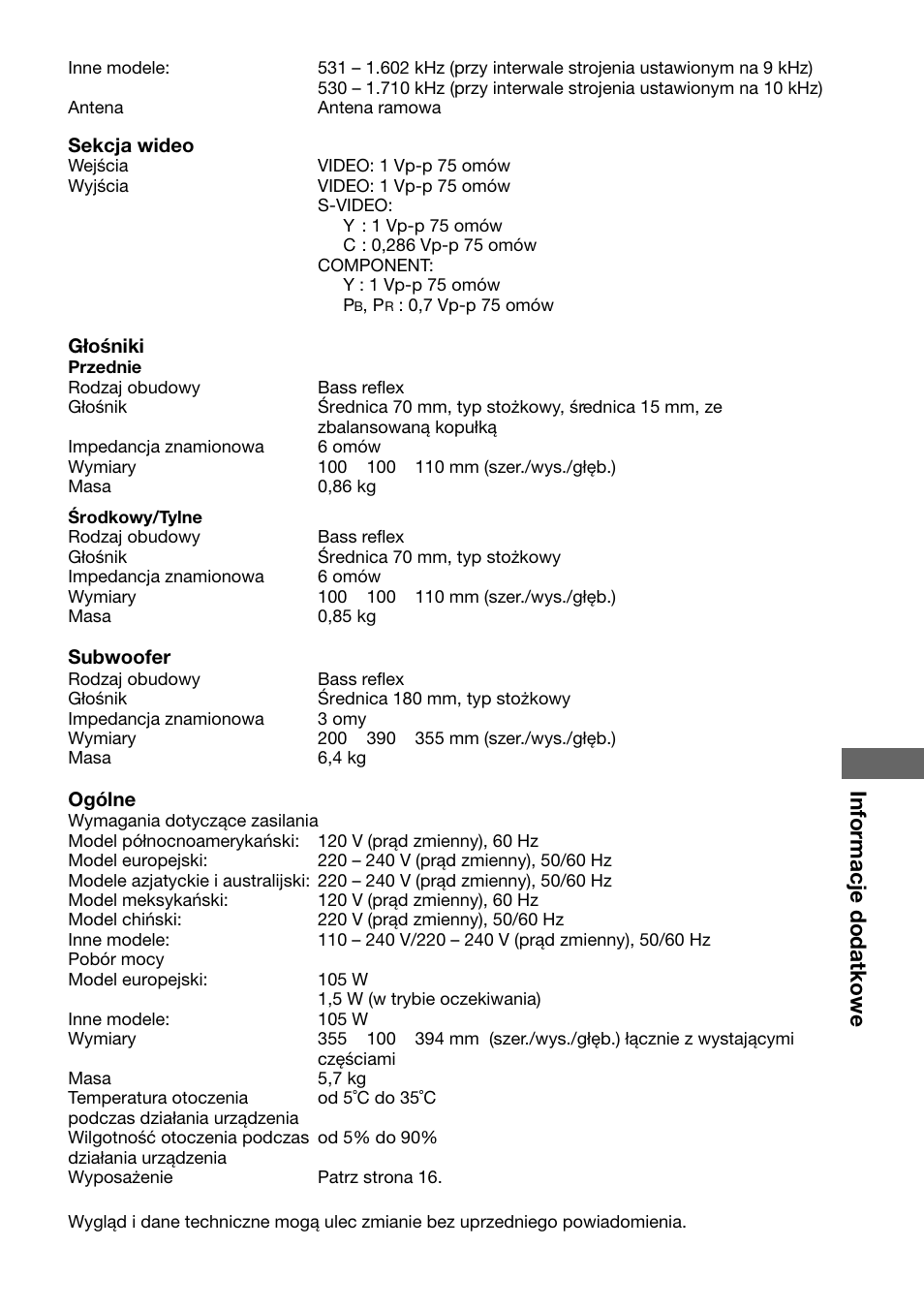 Informacje dodatkowe | Sony DAV-C700 User Manual | Page 493 / 496