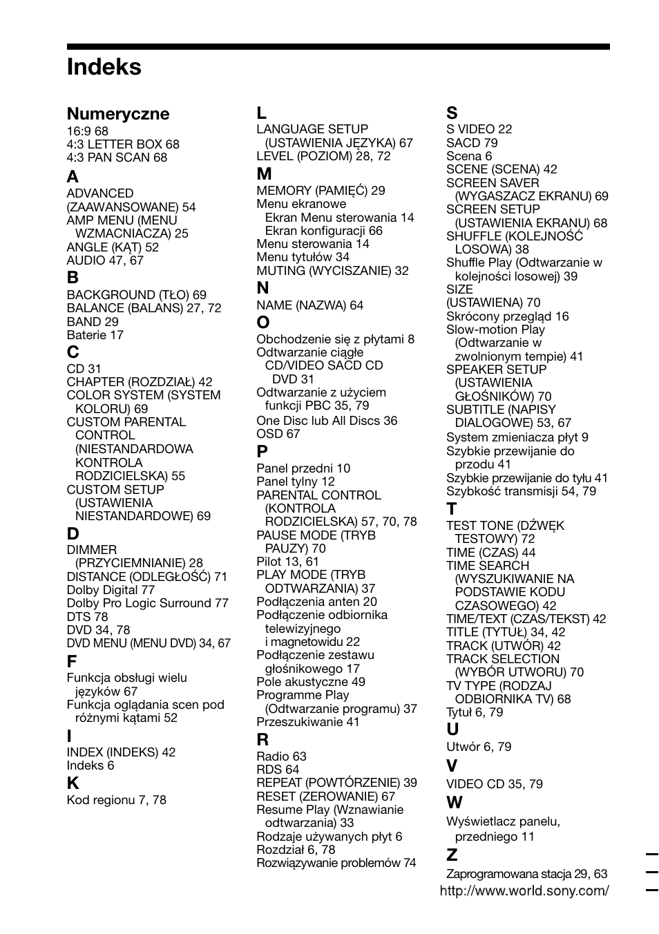 Indeks, Numeryczne | Sony DAV-C700 User Manual | Page 496 / 496