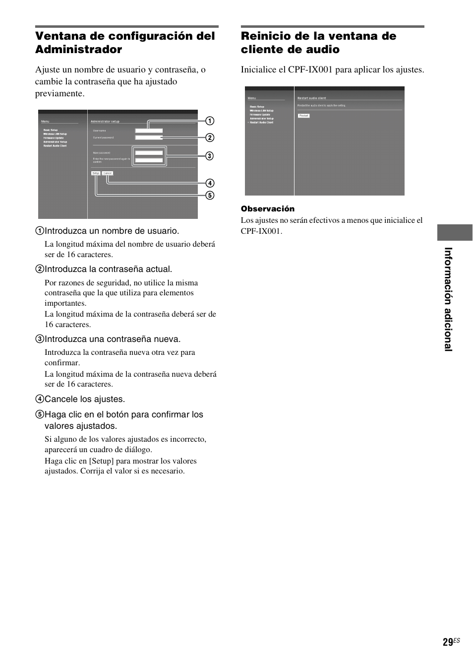 Ventana de configuración del administrador, Reinicio de la ventana de cliente de audio | Sony CPF-IX001 User Manual | Page 101 / 379