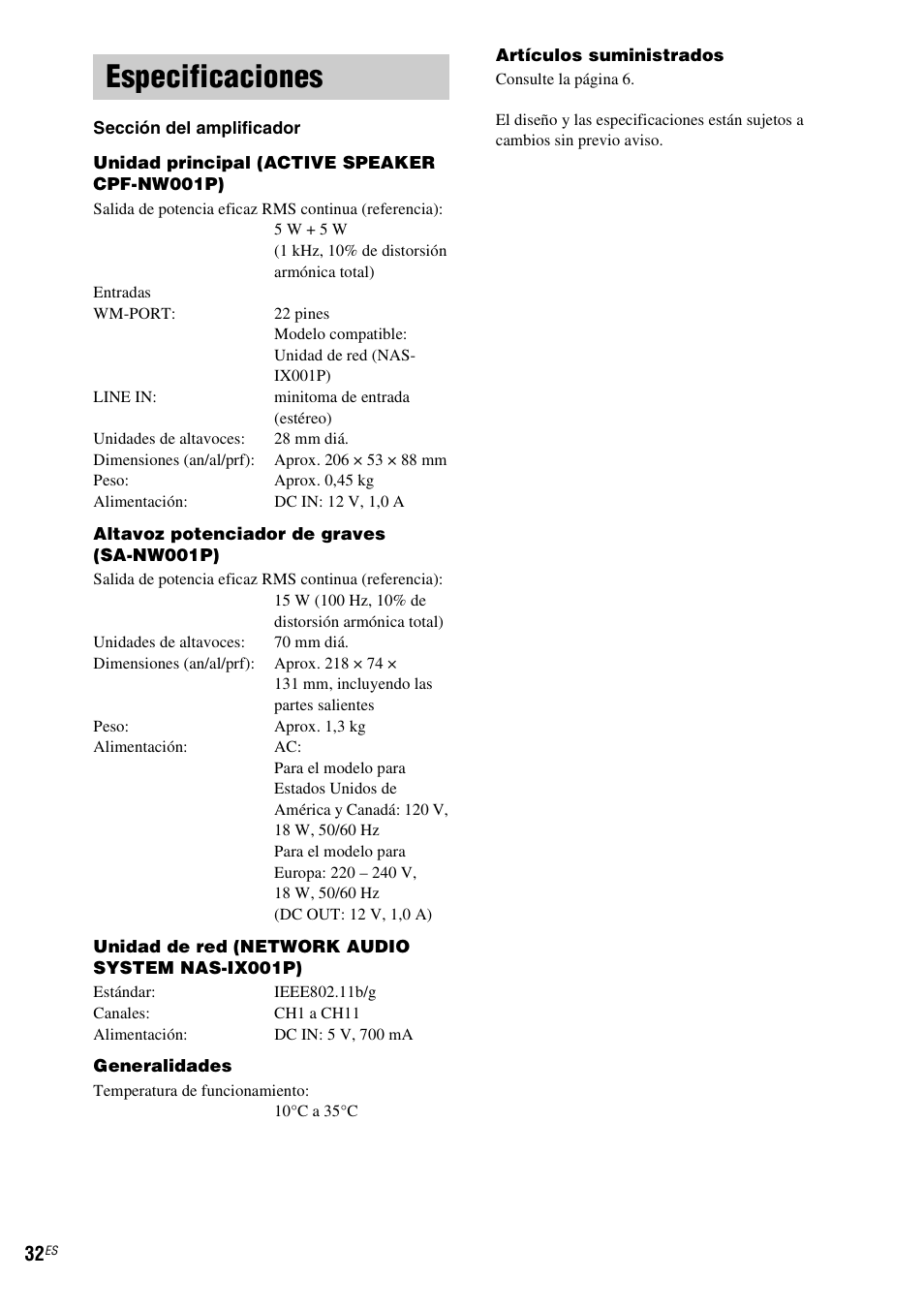 Especificaciones | Sony CPF-IX001 User Manual | Page 104 / 379