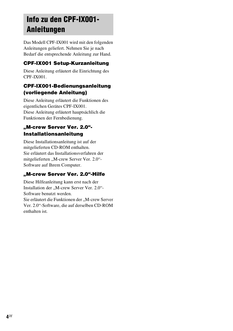 Info zu den cpf-ix001-anleitungen, Info zu den cpf-ix001- anleitungen | Sony CPF-IX001 User Manual | Page 110 / 379