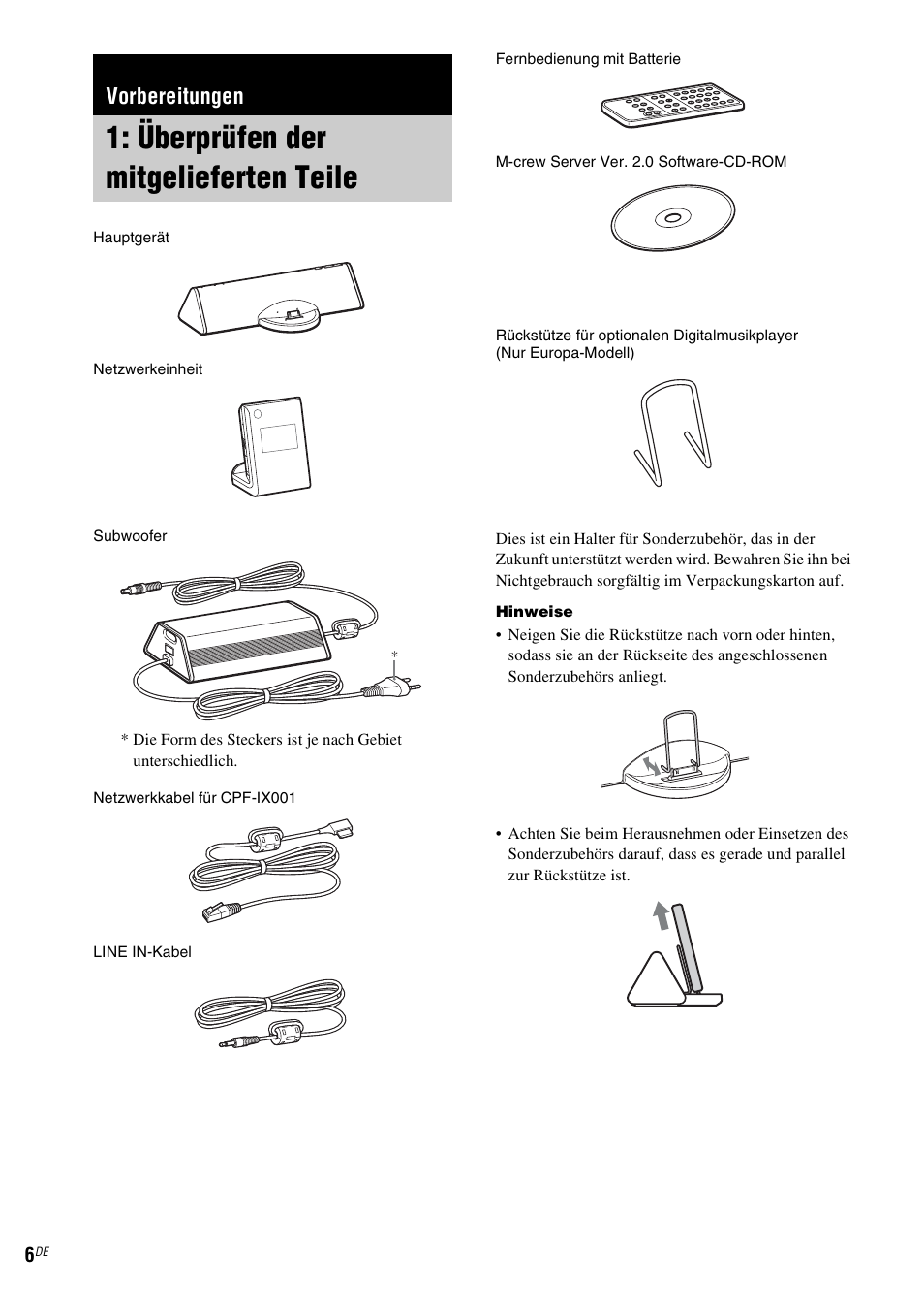 Vorbereitungen, Überprüfen der mitgelieferten teile | Sony CPF-IX001 User Manual | Page 112 / 379