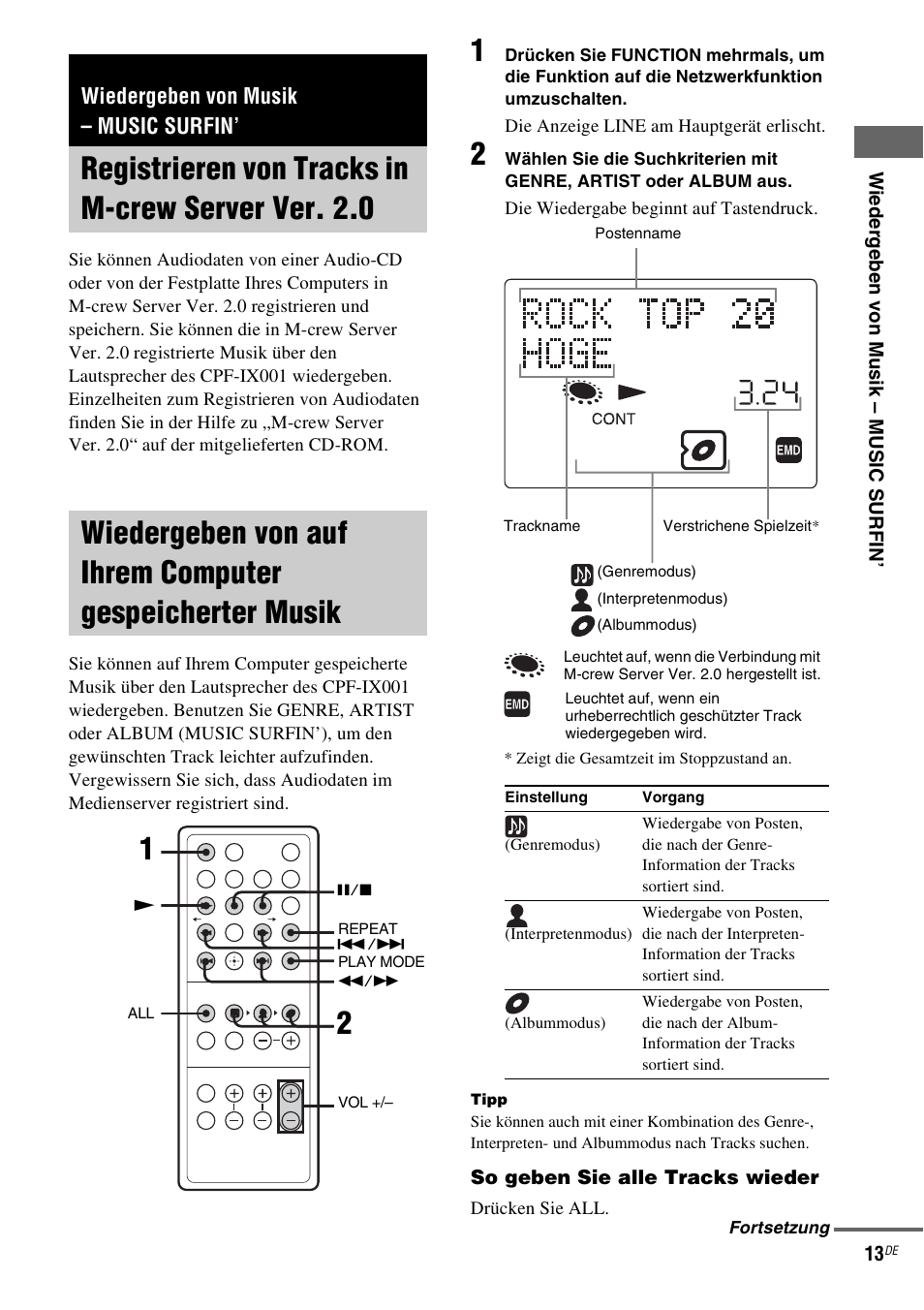 Wiedergeben von musik - music surfin, Registrieren von tracks in m-crew server ver. 2.0, Wiedergeben von musik – music surfin | Registrieren von tracks in m-crew, Server ver. 2.0, Wiedergeben von auf ihrem computer, Gespeicherter musik | Sony CPF-IX001 User Manual | Page 119 / 379