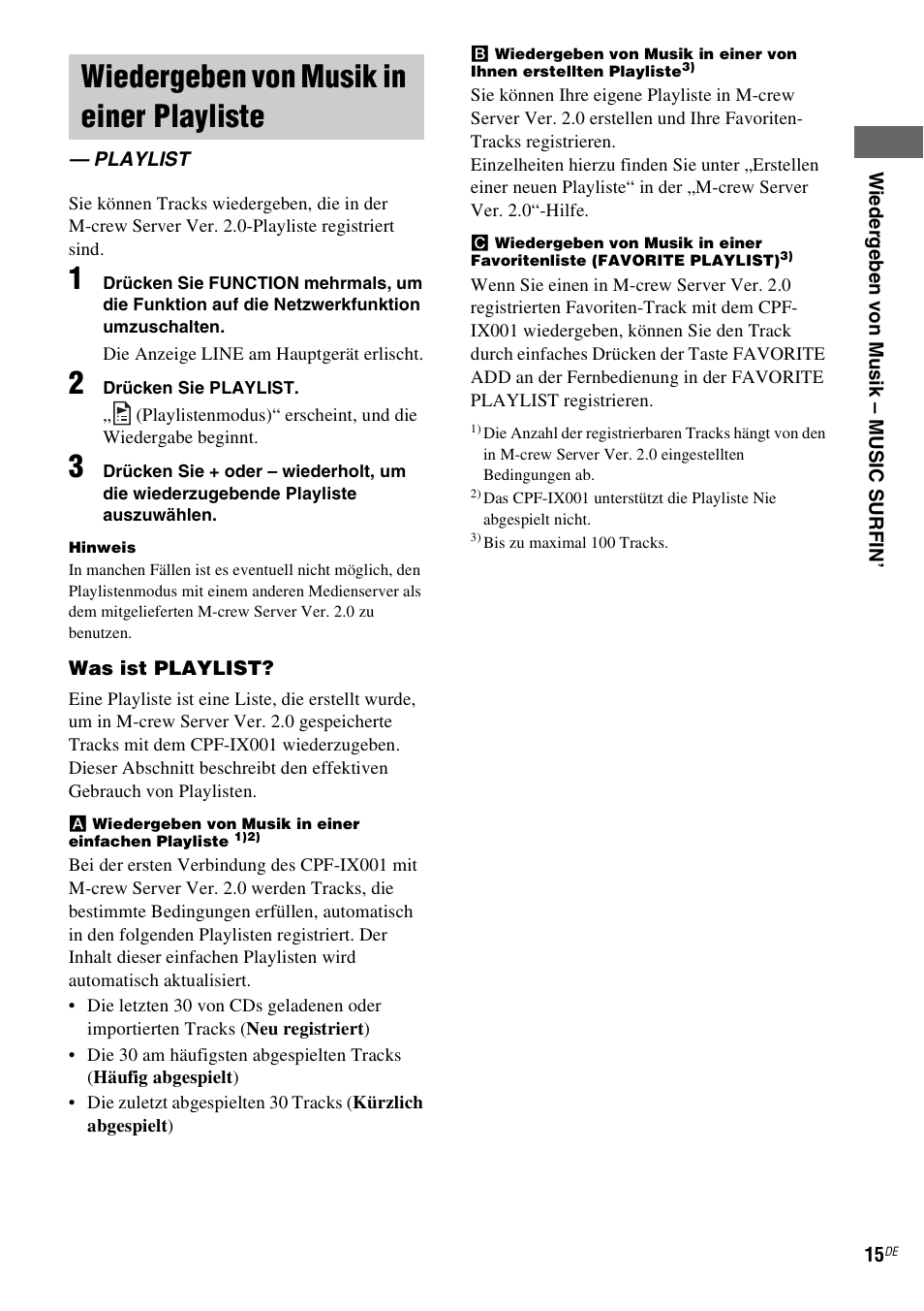 Wiedergeben von musik in einer playliste, Playlist, Wiedergeben von musik in einer | Playliste — playlist | Sony CPF-IX001 User Manual | Page 121 / 379