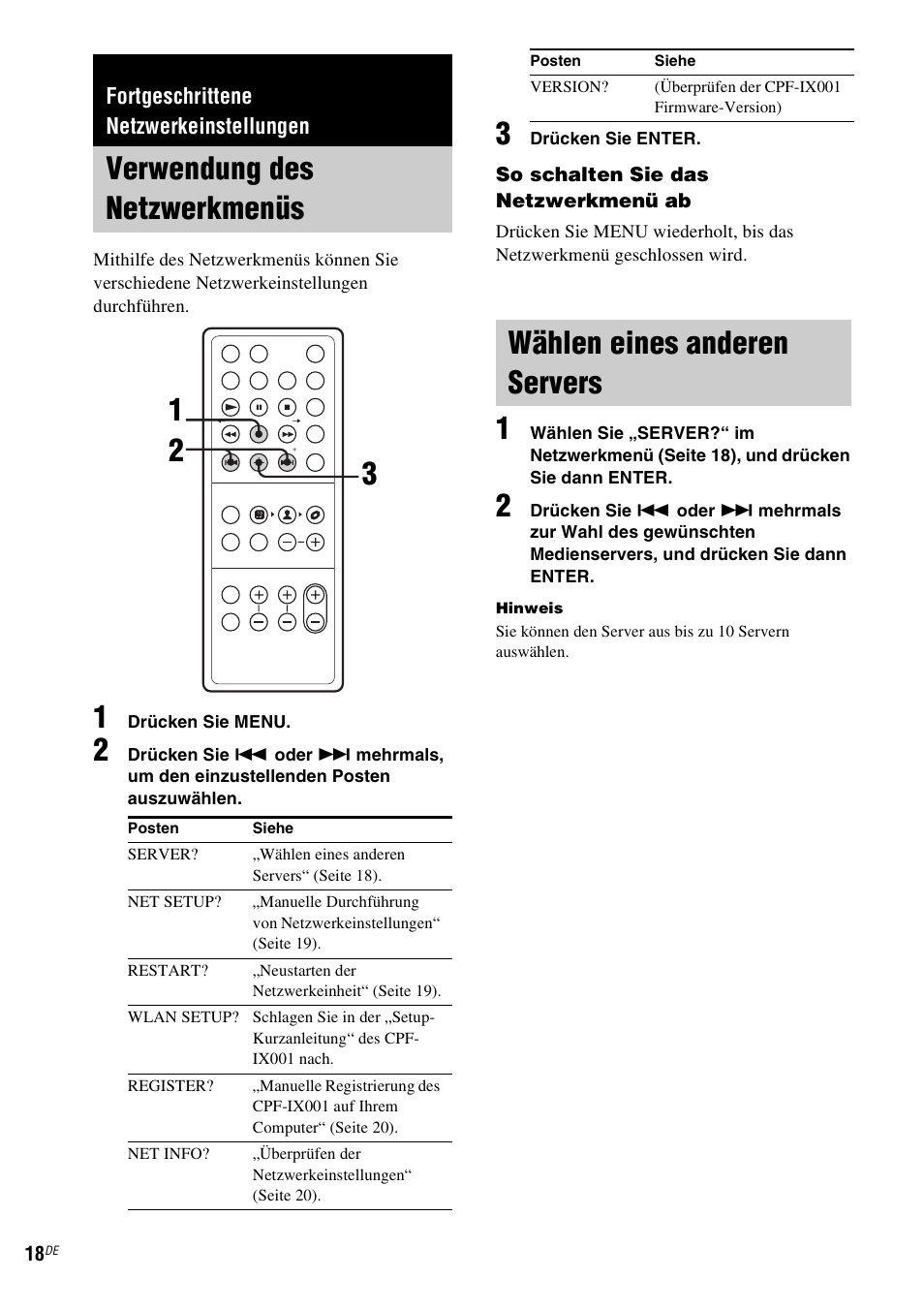 Fortgeschrittene netzwerkeinstellungen, Verwendung des netzwerkmenüs, Wählen eines anderen servers | Sony CPF-IX001 User Manual | Page 124 / 379