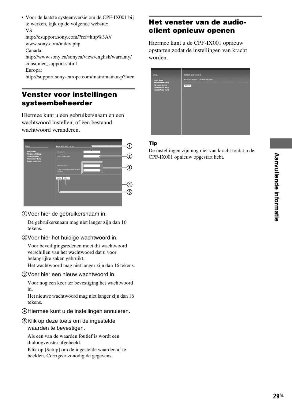 Venster voor instellingen systeembeheerder, Het venster van de audio- client opnieuw openen | Sony CPF-IX001 User Manual | Page 169 / 379