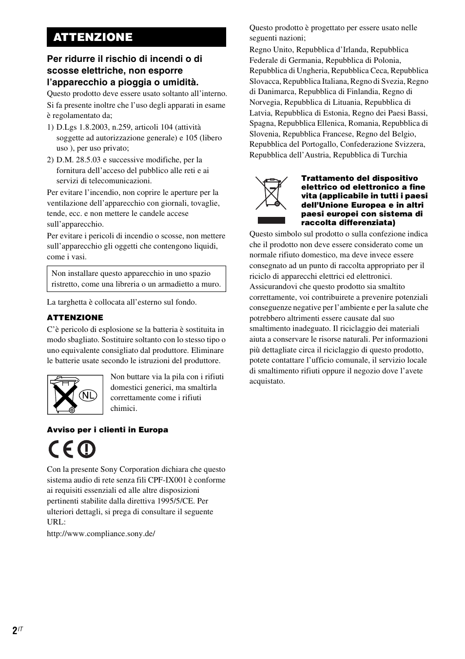 Attenzione | Sony CPF-IX001 User Manual | Page 176 / 379