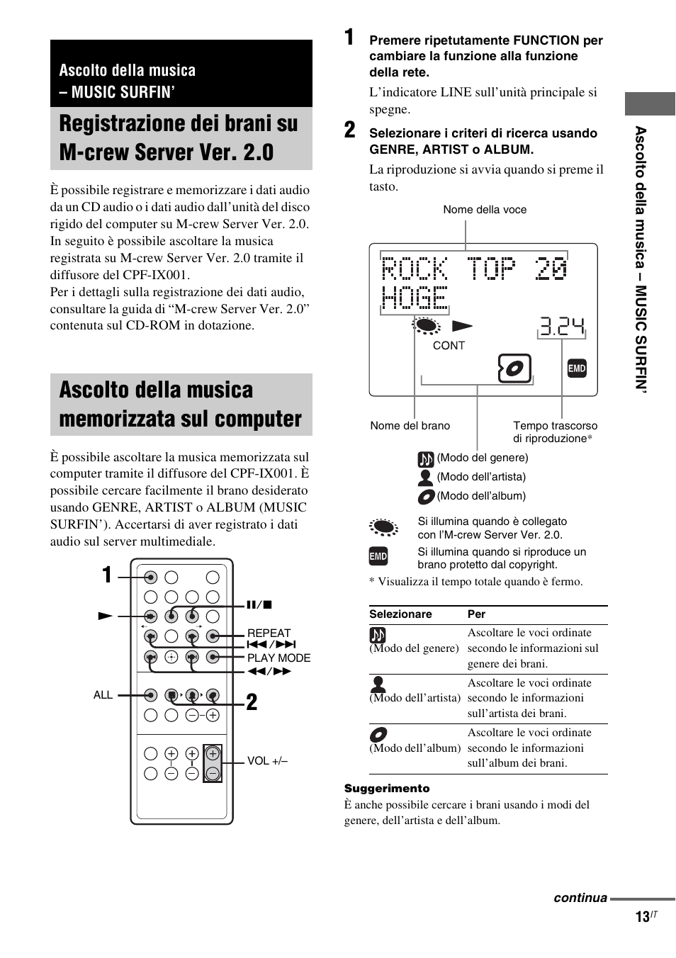 Ascolto della musica - music surfin, Registrazione dei brani su m-crew server ver. 2.0, Ascolto della musica memorizzata sul computer | Ascolto della musica – music surfin, Registrazione dei brani su m-crew, Server ver. 2.0, Ascolto della musica memorizzata sul, Computer | Sony CPF-IX001 User Manual | Page 187 / 379