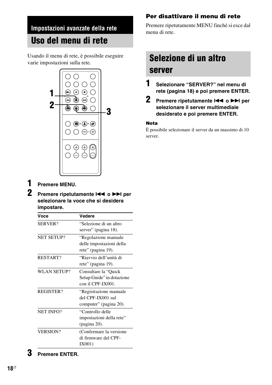 Impostazioni avanzate della rete, Uso del menu di rete, Selezione di un altro server | Uso del menu di rete selezione di un altro server, 13 2 selezione di un altro server | Sony CPF-IX001 User Manual | Page 192 / 379