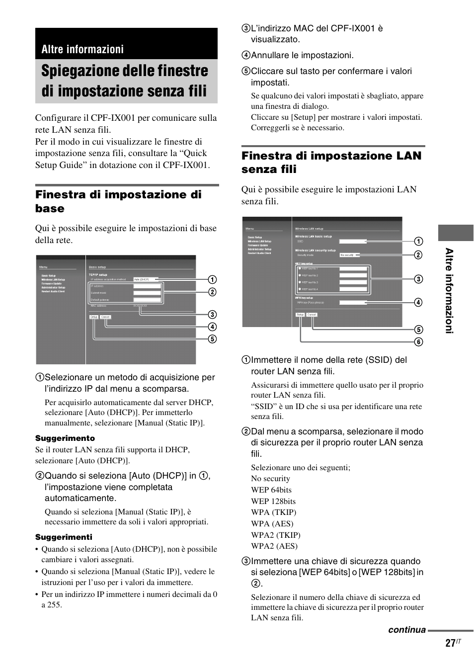 Altre informazioni, Spiegazione delle finestre di, Impostazione senza fili | Finestra di impostazione di base, Finestra di impostazione lan senza fili | Sony CPF-IX001 User Manual | Page 201 / 379