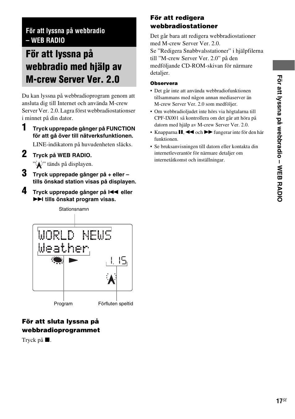 För att lyssna på webbradio - web radio, För att lyssna på webbradio – web radio, För att lyssna på webbradio med hjälp av | M-crew server ver. 2.0 | Sony CPF-IX001 User Manual | Page 225 / 379